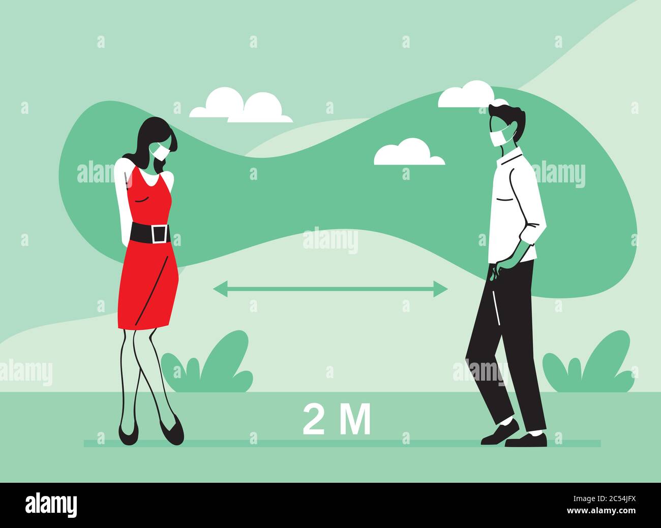 Social distancing between woman and man with masks design of Covid 19 ...