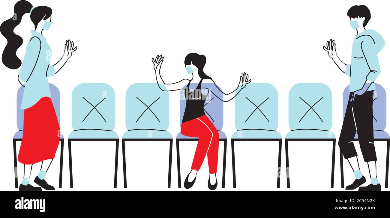 Social distancing between women and man with masks on chairs design of ...