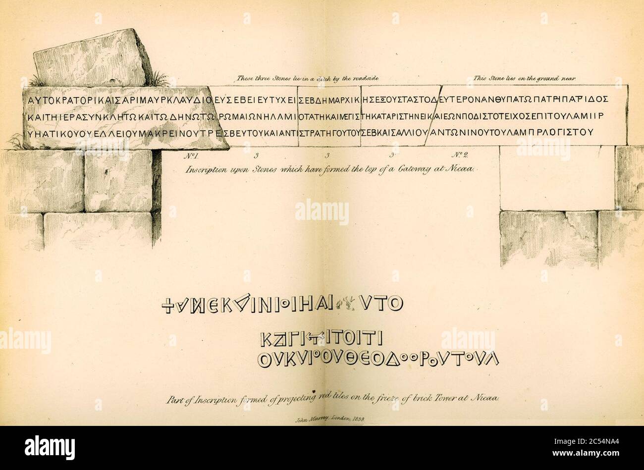 Inscription upon stones which have formed the top of a Gateway at Nicaea Part of inscription formed of projecting red ti - Fellows Charles - 1839. Stock Photo