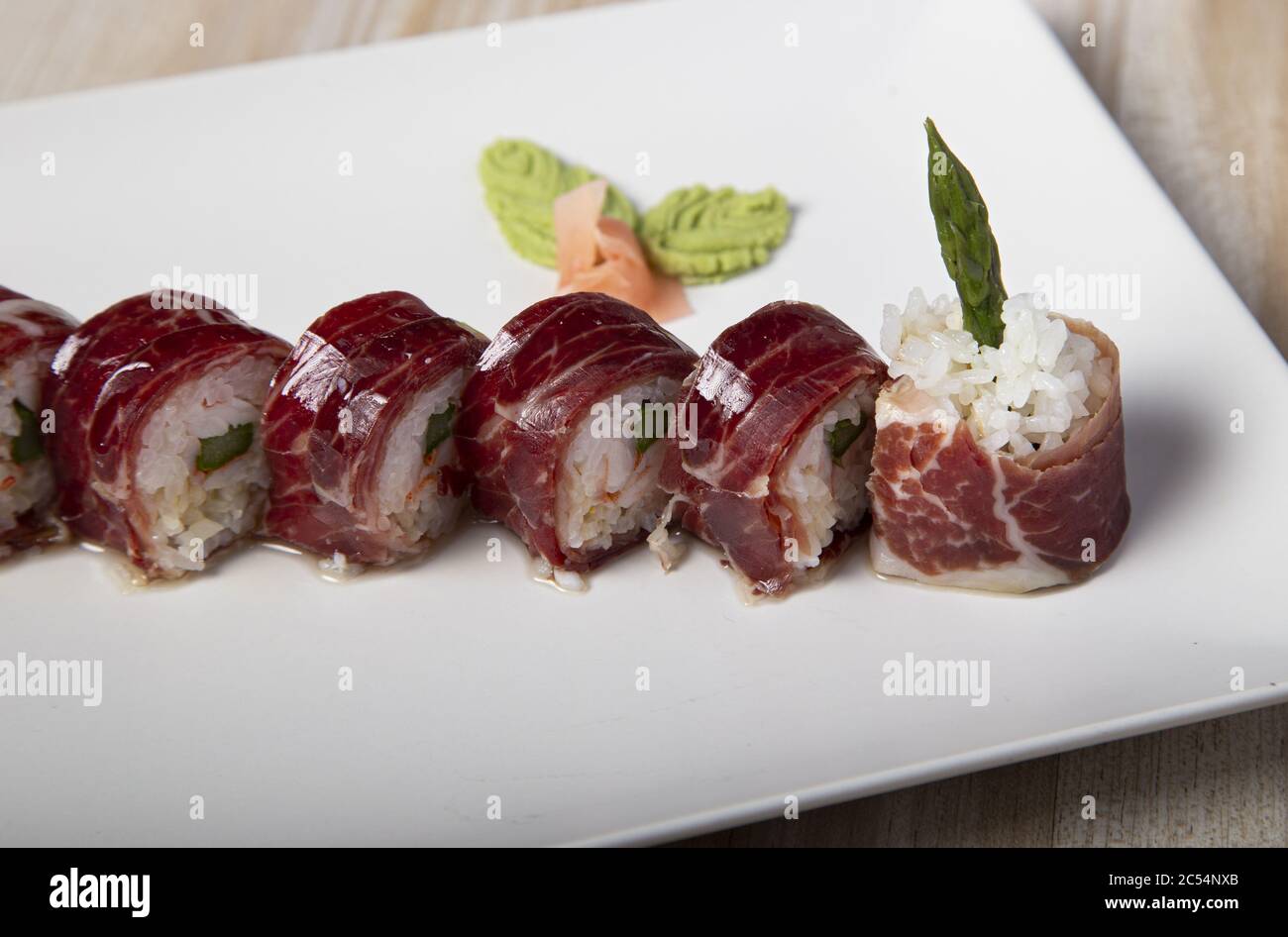 Japanese Uramaki plate of acorn ham and asparagus Stock Photo Alamy
