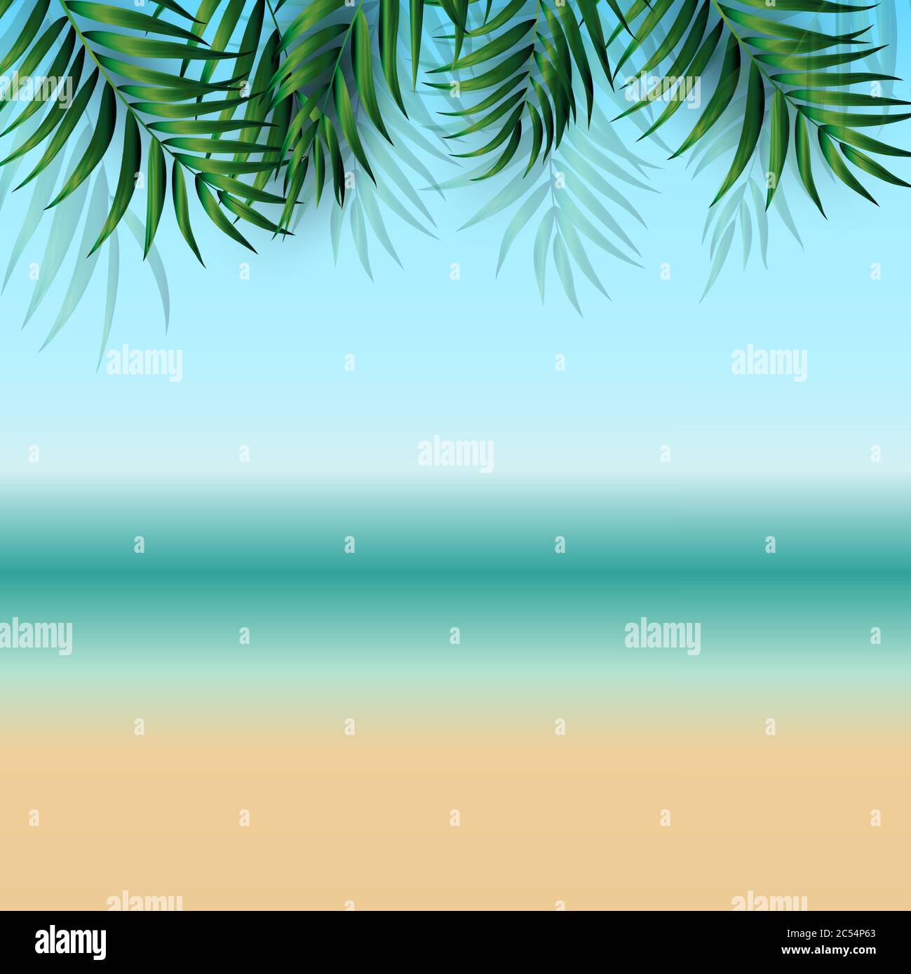 Abstract Summer  Background with Palm Leaves, Beach and Seaside. Vector Illustration Stock Vector