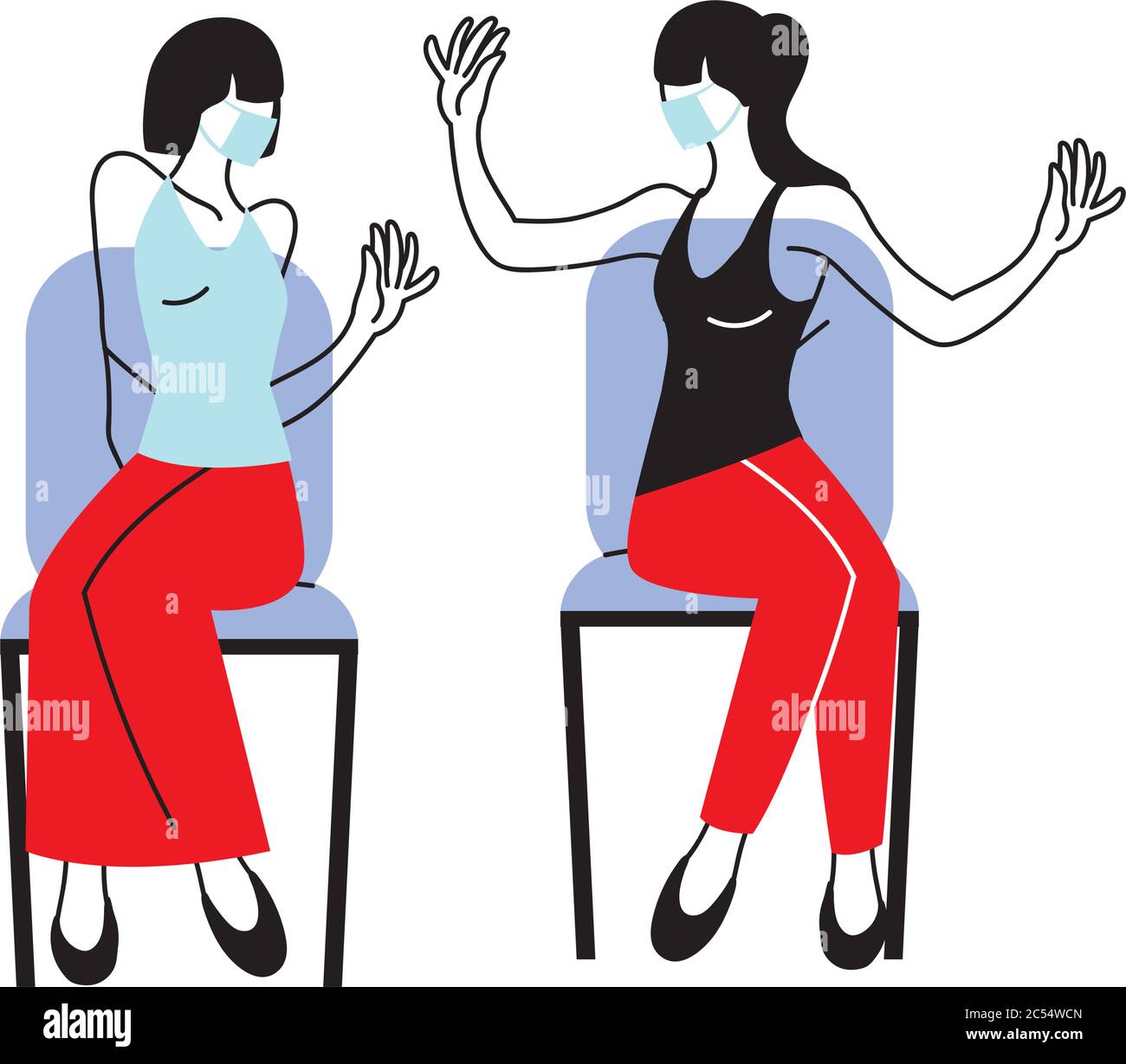 Social distancing between women with masks on chiars design of Covid 19 ...