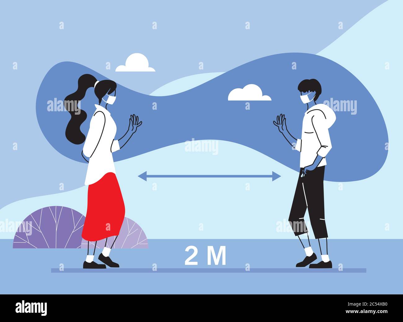 Social distancing between woman and man with masks design of Covid 19 ...