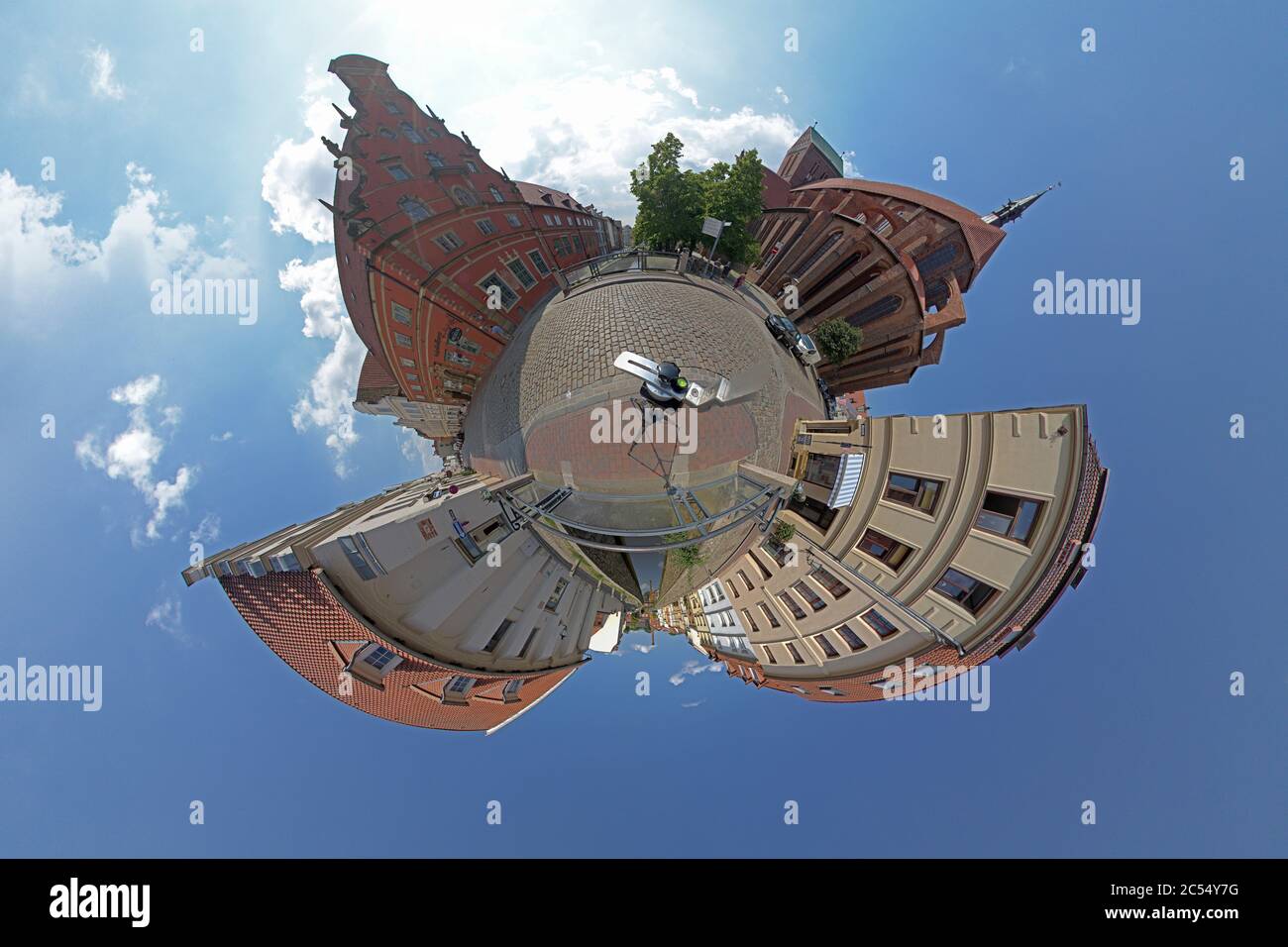 Little Planet photo, St Nicholas church, Schweinsbruecke, The Grube and The Old Town Mill, Wismar, Mecklenburg-West Stock Photo