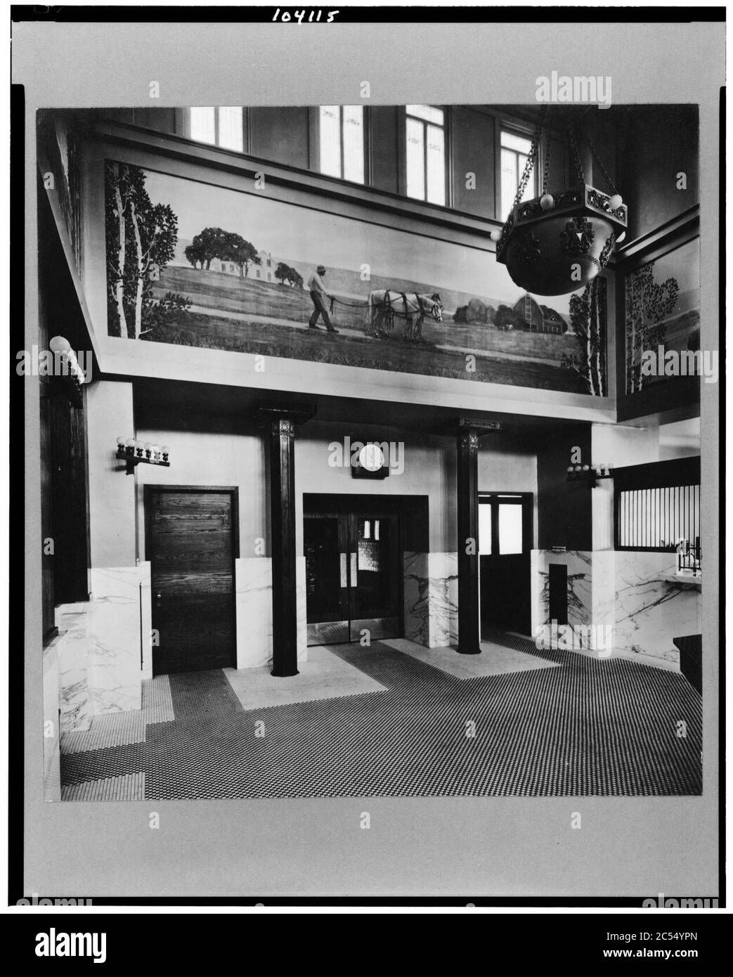 Interior of Peoples Savings Bank, Cedar Rapids, Iowa with large mural