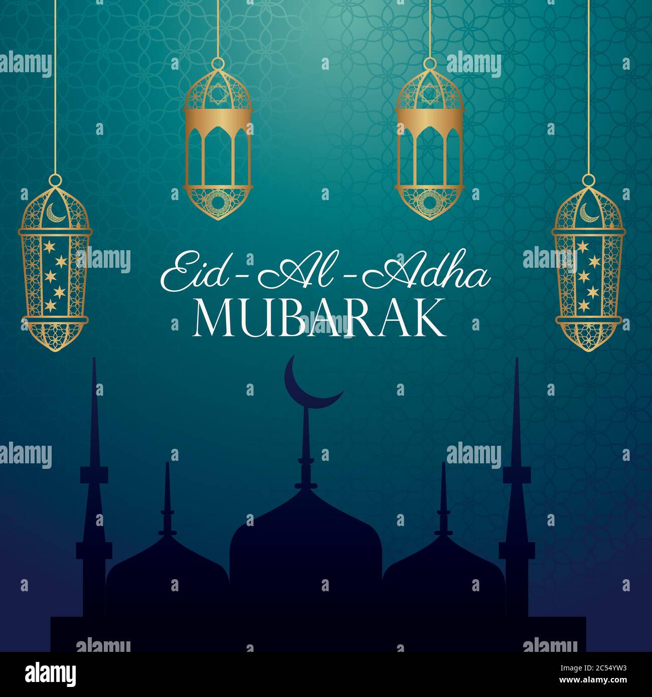 Eid Al Adha Mubarak celebration with golden lanterns hanging vector ...