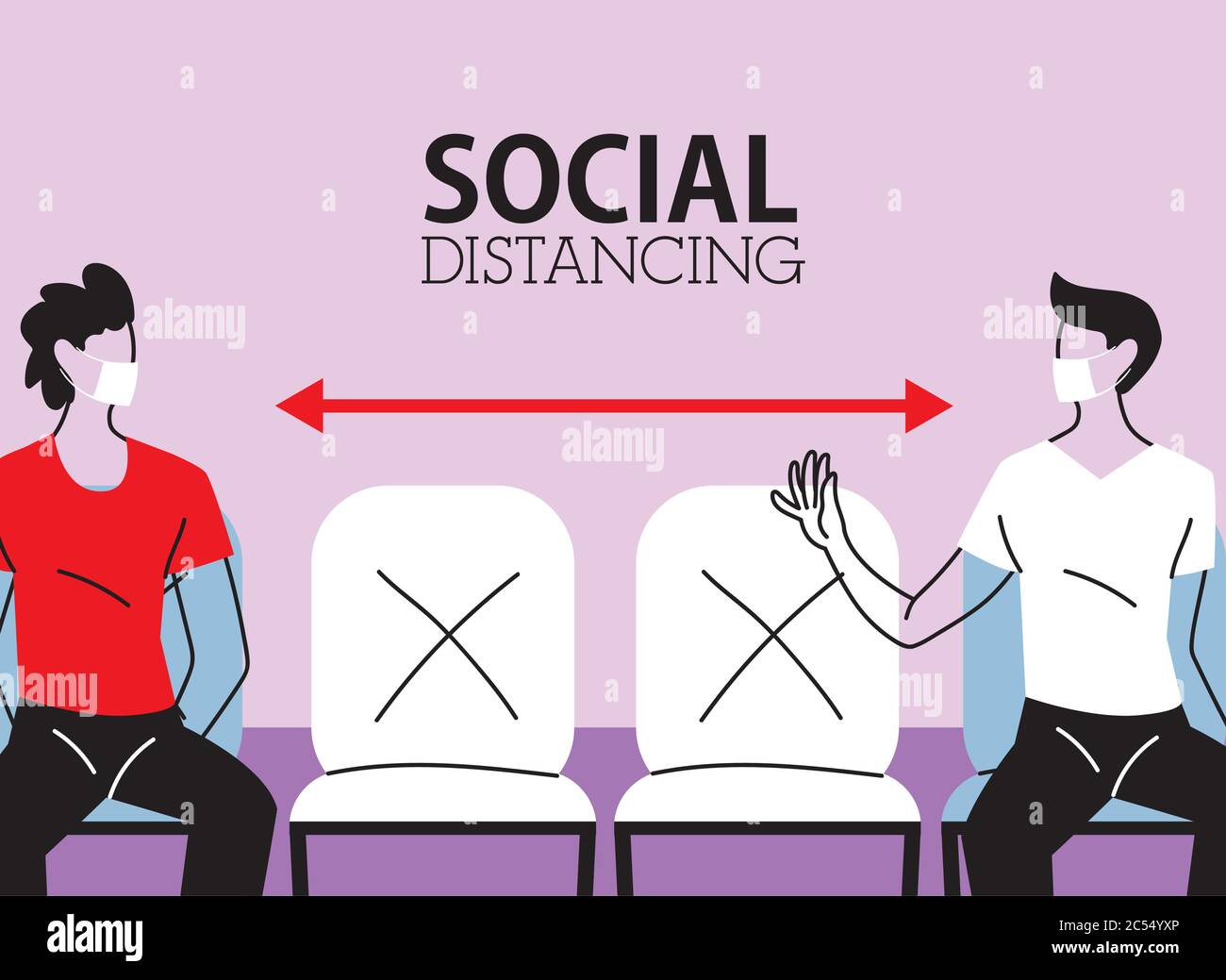 Social distancing between men with masks on chairs design of Covid 19 ...