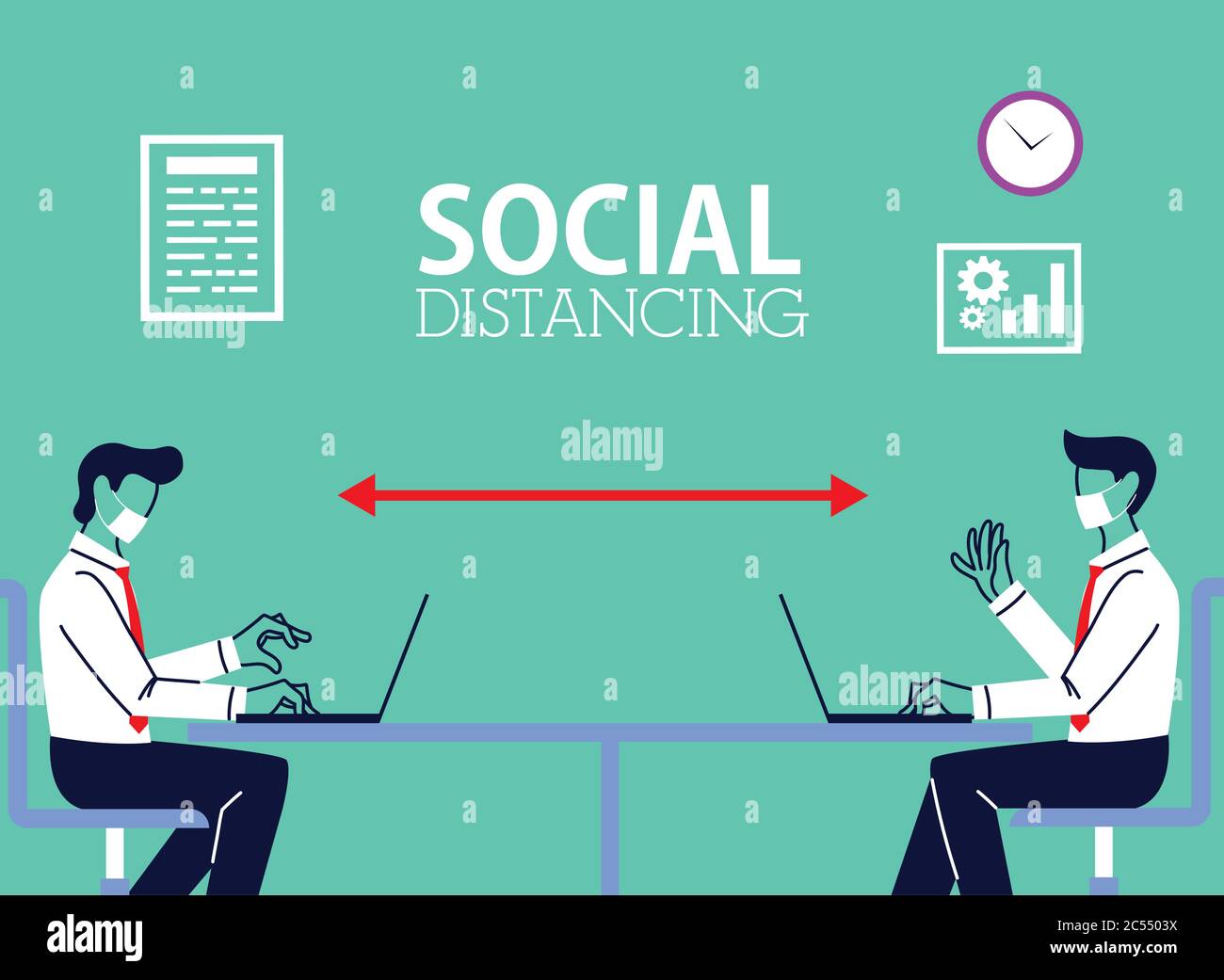 Social distancing between men with masks on office desk design of Covid ...