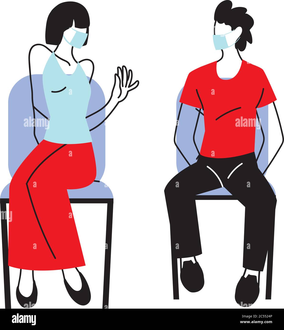 Social distancing between woman and man with masks on chairs design of ...