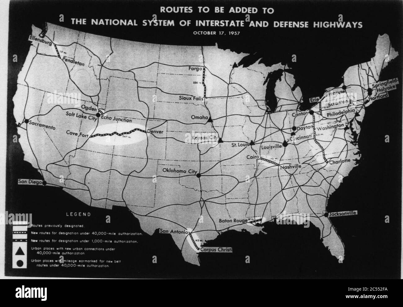 Interstate Highway plan October 17, 1957 reverse colors. Stock Photo