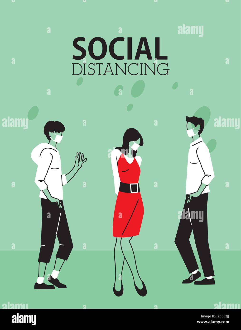 Social distancing between woman and men with masks design of Covid 19 ...