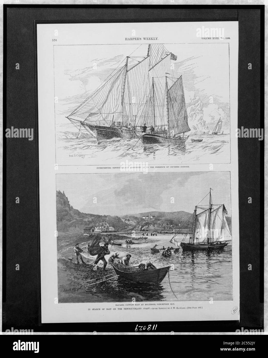 Interviewing Newfoundland fishermen as to the presence of cruisers inshore - Fred S. Cozzens. In search of bait on the Newfoundland coast-Hauling capelin bait at Holyrood, Conception Bay - Stock Photo