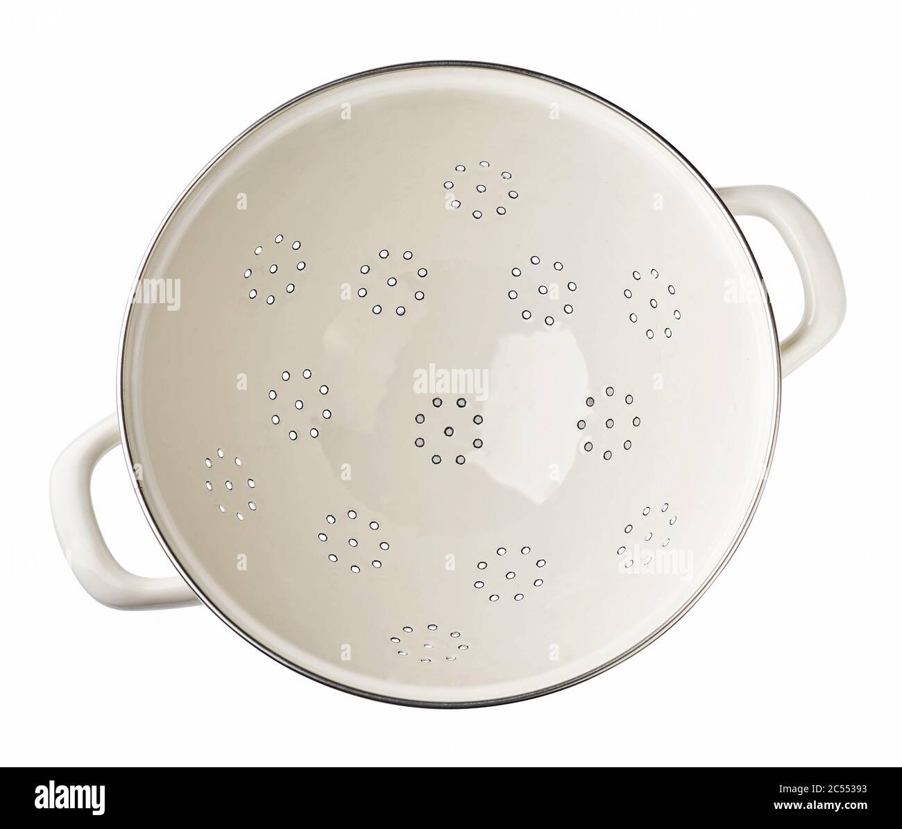 White strainer isolated on a white background. Top view of colander. Stock Photo
