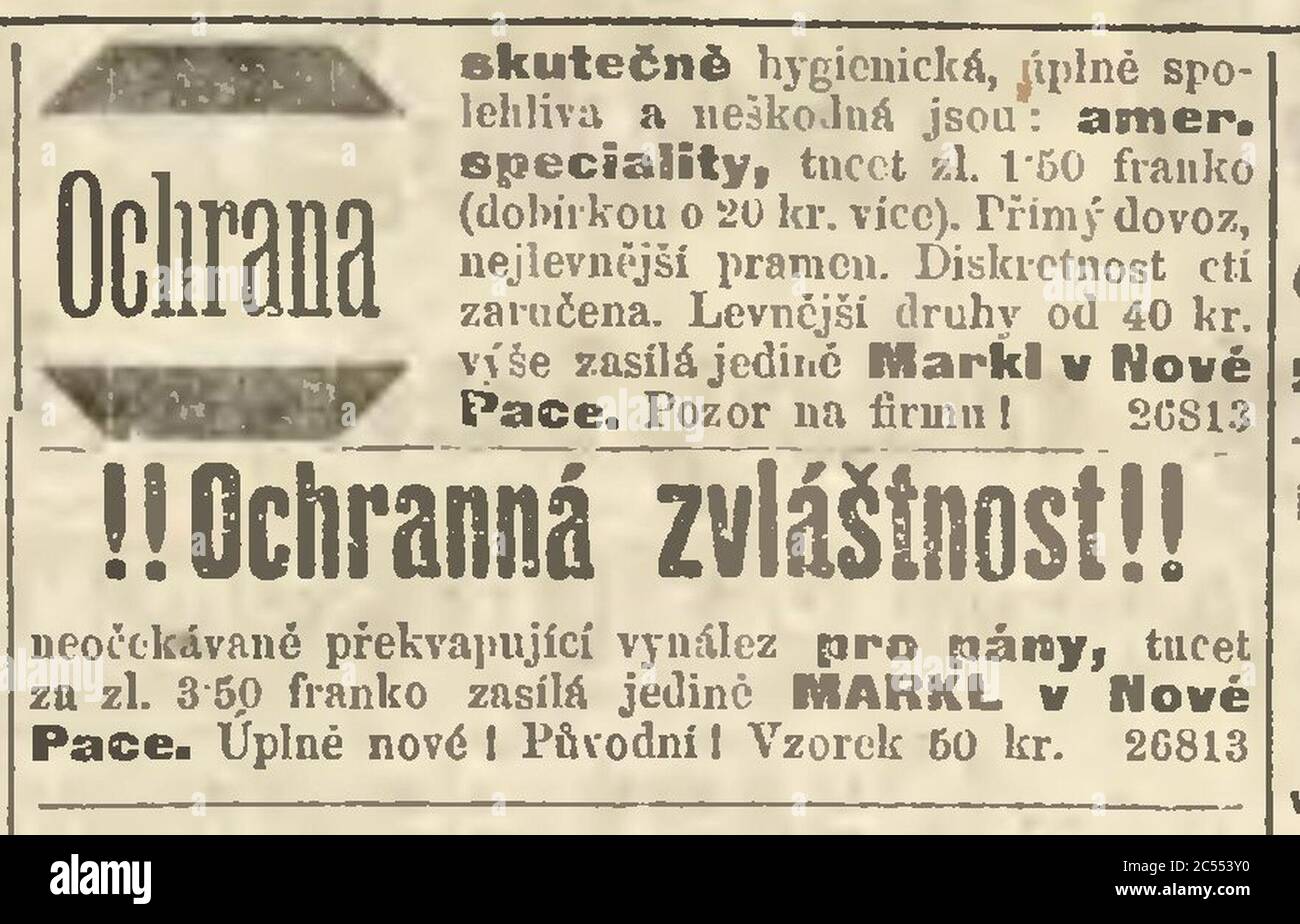 Inzerat Markl Narodni listy 18991101. Stock Photo