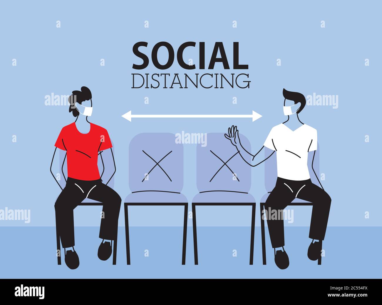 Social distancing between men with masks on chairs design of Covid 19 ...