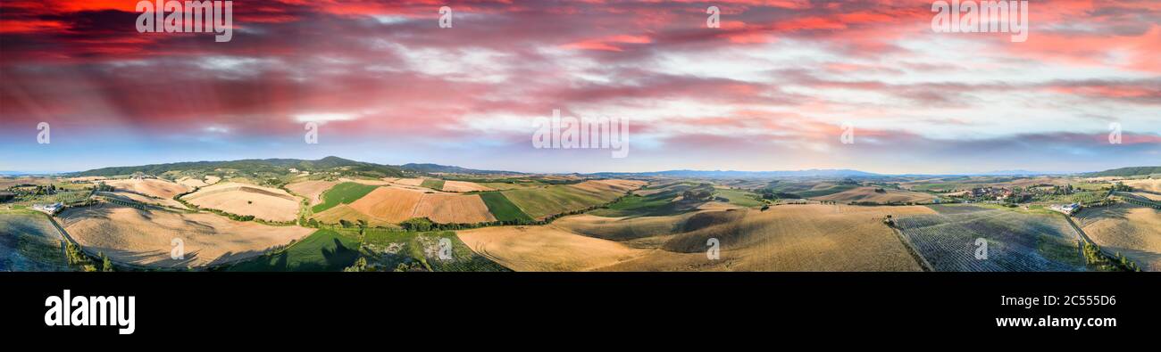 Tuscany campaigns, aerial view of hills in summer season, Italy. Stock Photo