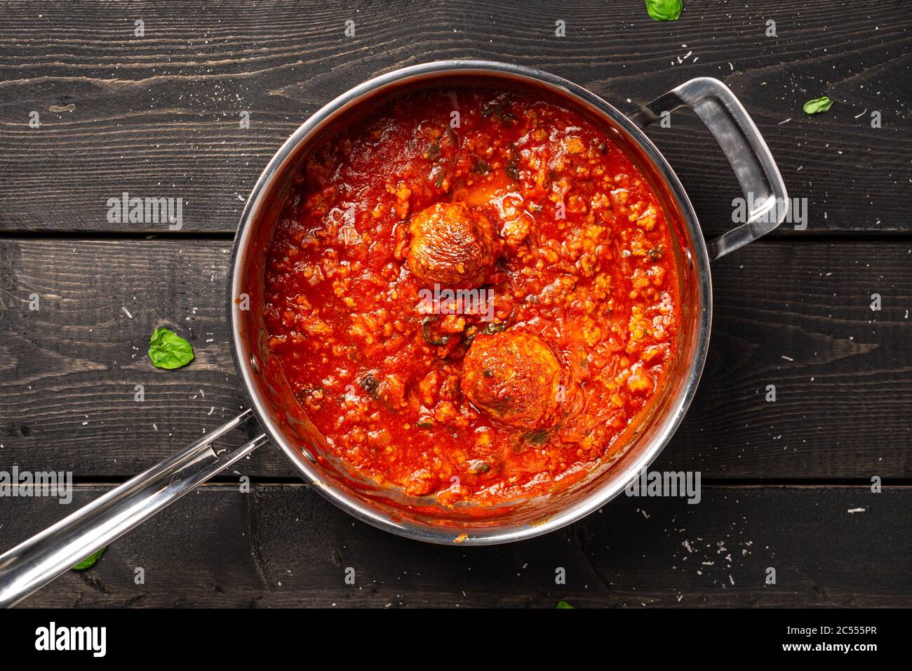 Meatball Tomato Sauce In Stainless Pan Meatball Tomato Sauce Cooked In A Stainless Steel Saucepan Placed On A Dark Black Wooden Background This Home Stock Photo Alamy