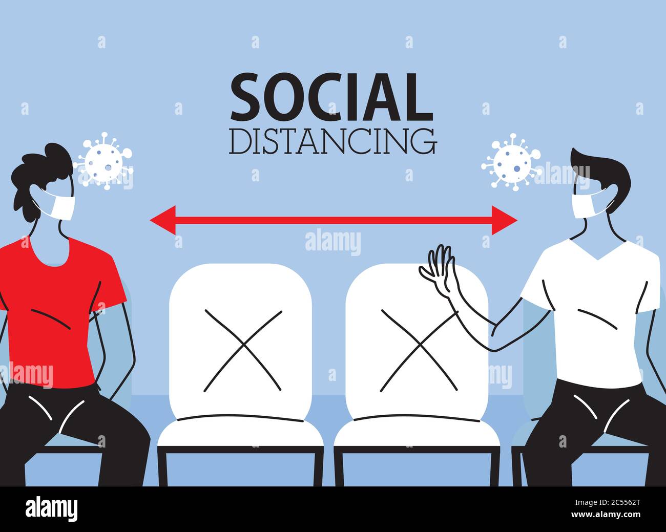Social distancing between men with masks on chairs design of Covid 19 ...
