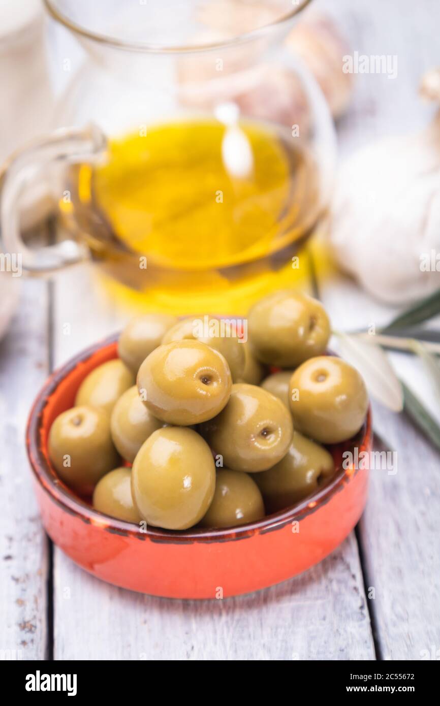 Pickled olives ready to eat, healthy food used in mediterranean