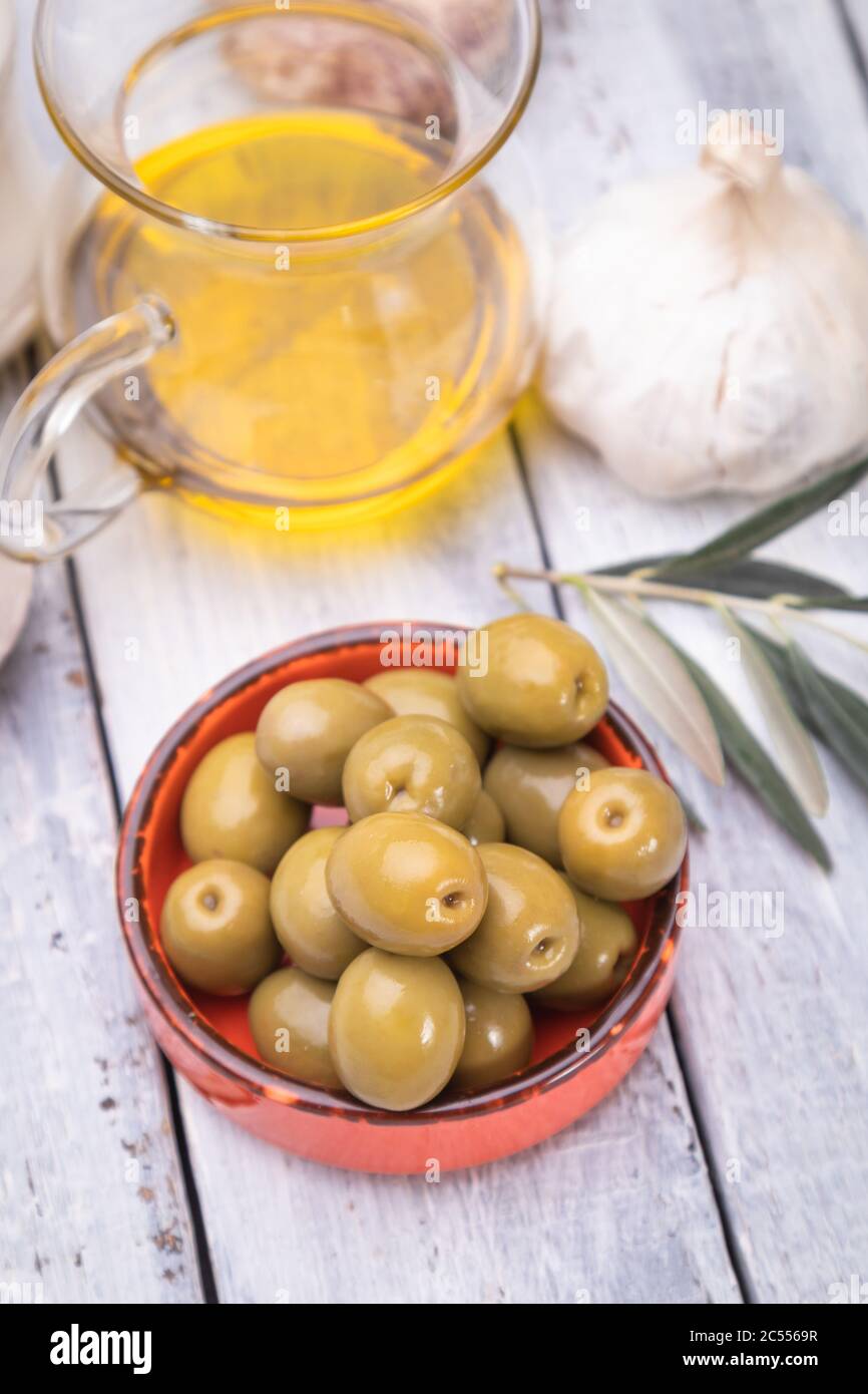 Pickled olives ready to eat, healthy food used in mediterranean