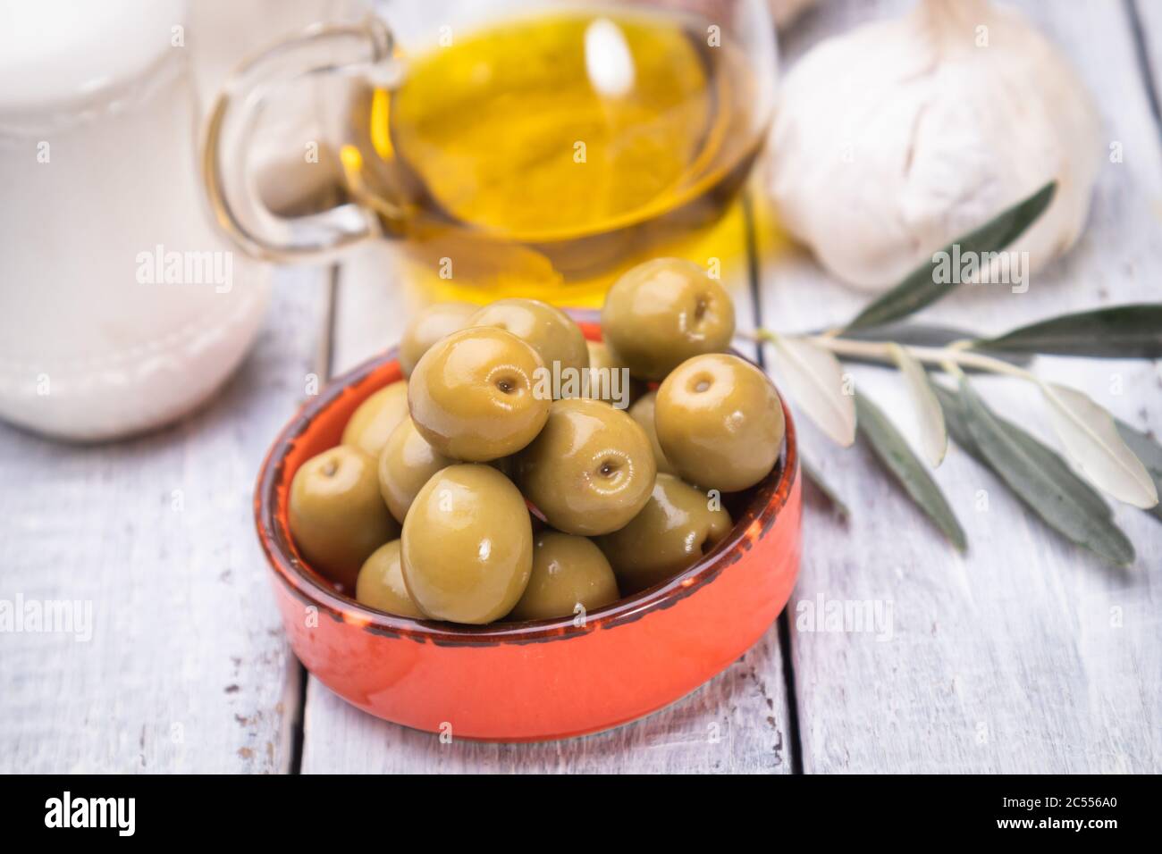 Pickled olives ready to eat, healthy food used in mediterranean