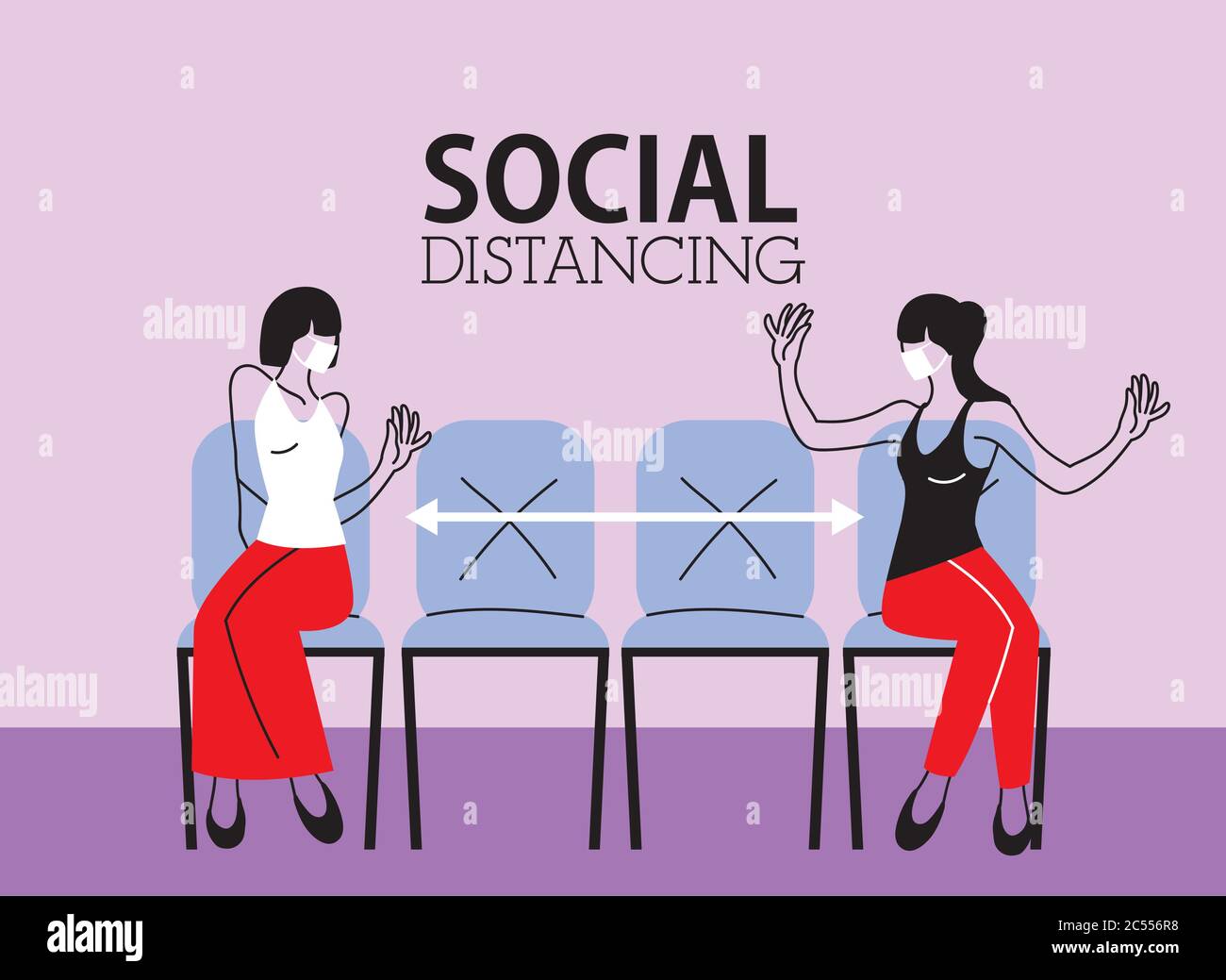Social distancing between women with masks on chairs design of Covid 19 ...