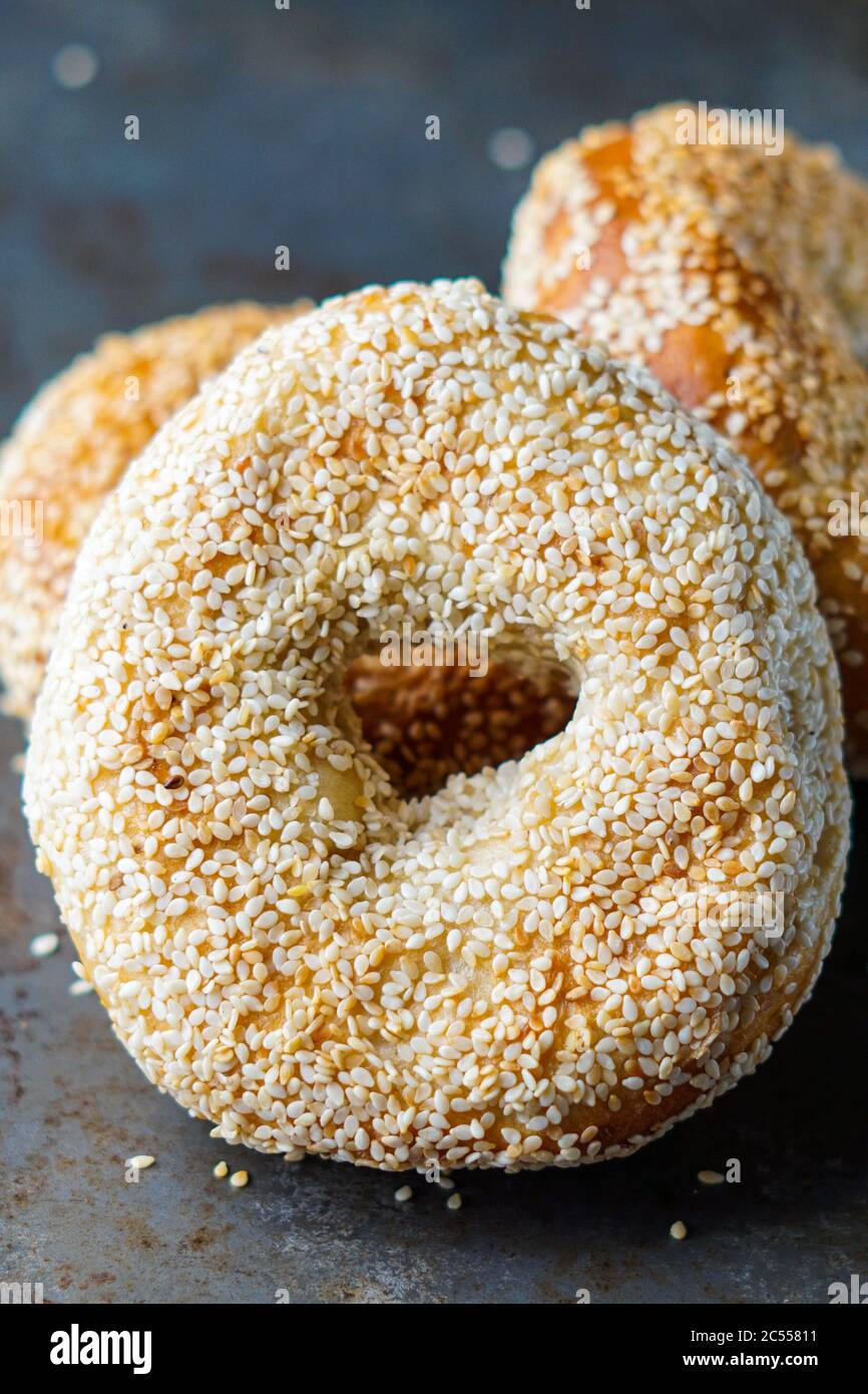 Sesame seed bagels Stock Photo Alamy