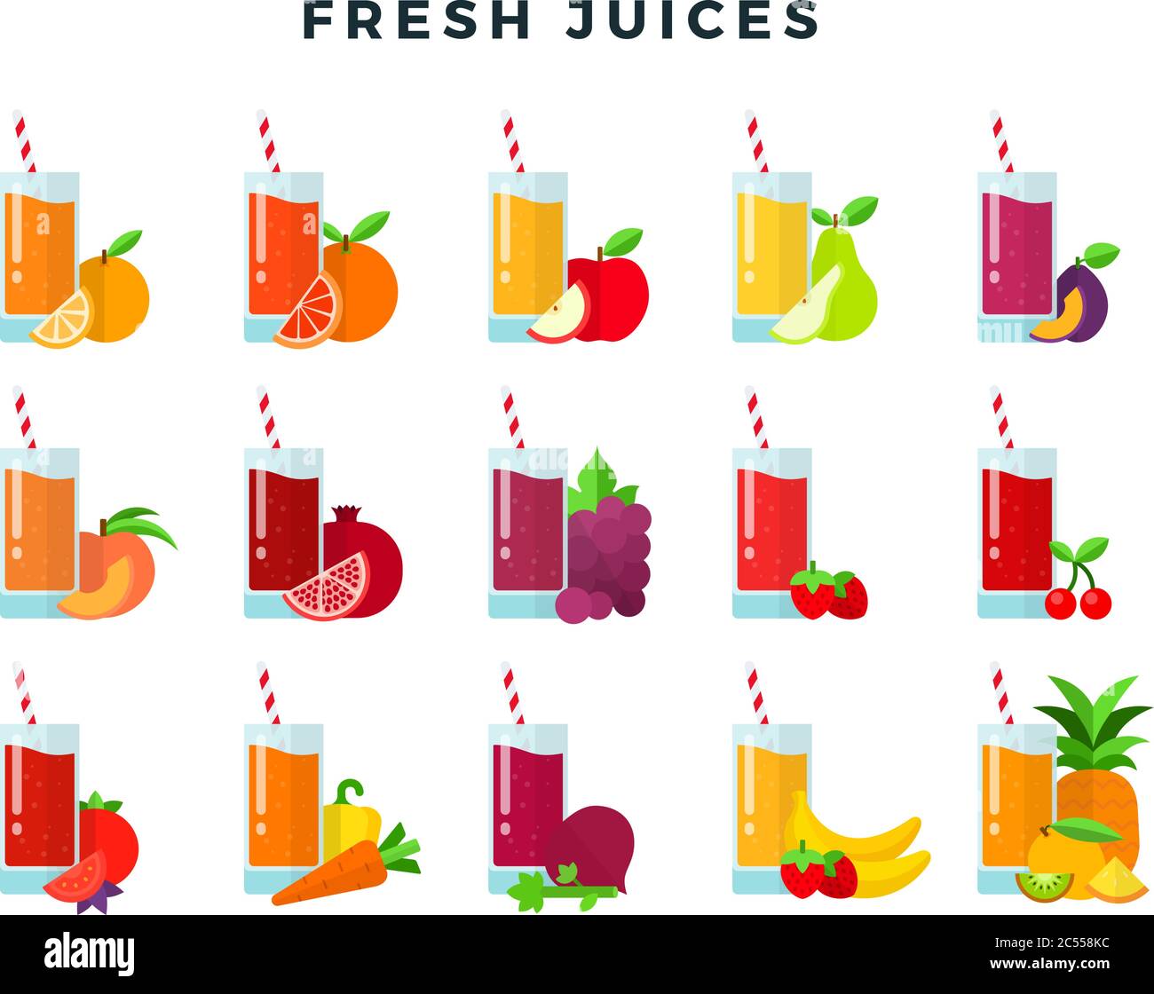 Set of fruit and vegetable juices isolated on white Stock Vector Image ...