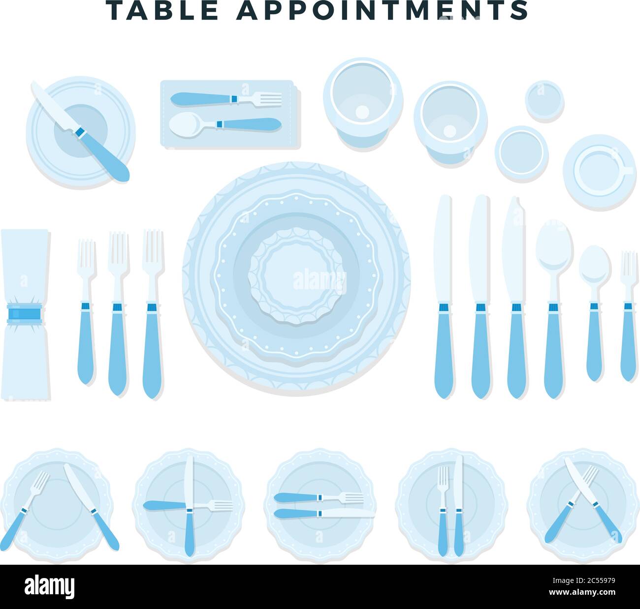 Table appointments. Cutlery set forks, knives, spoons, plates, napkin