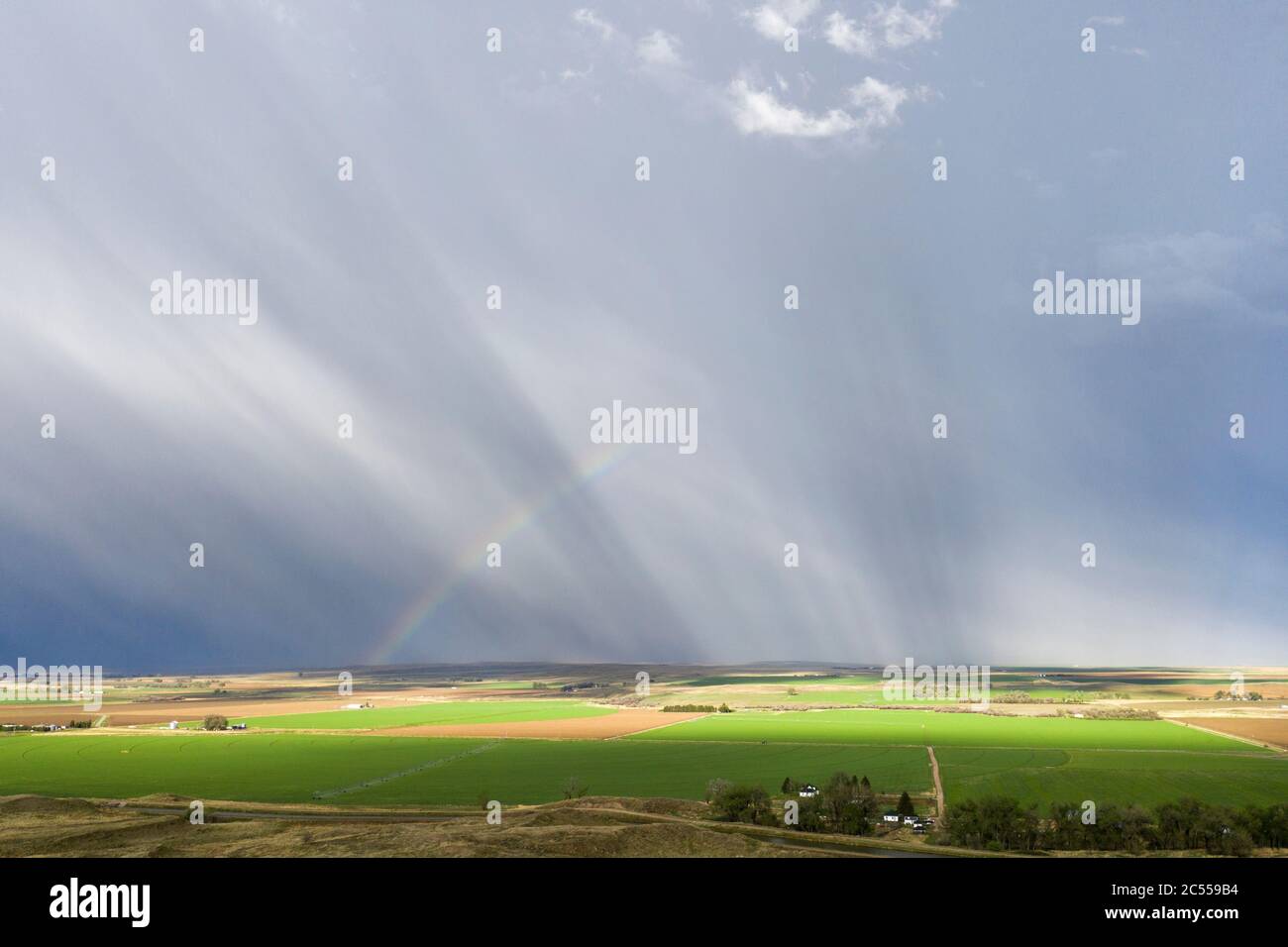 Aerial view of a severe thunderstorm, hail and rainbow in Goshen County Wyoming Stock Photo