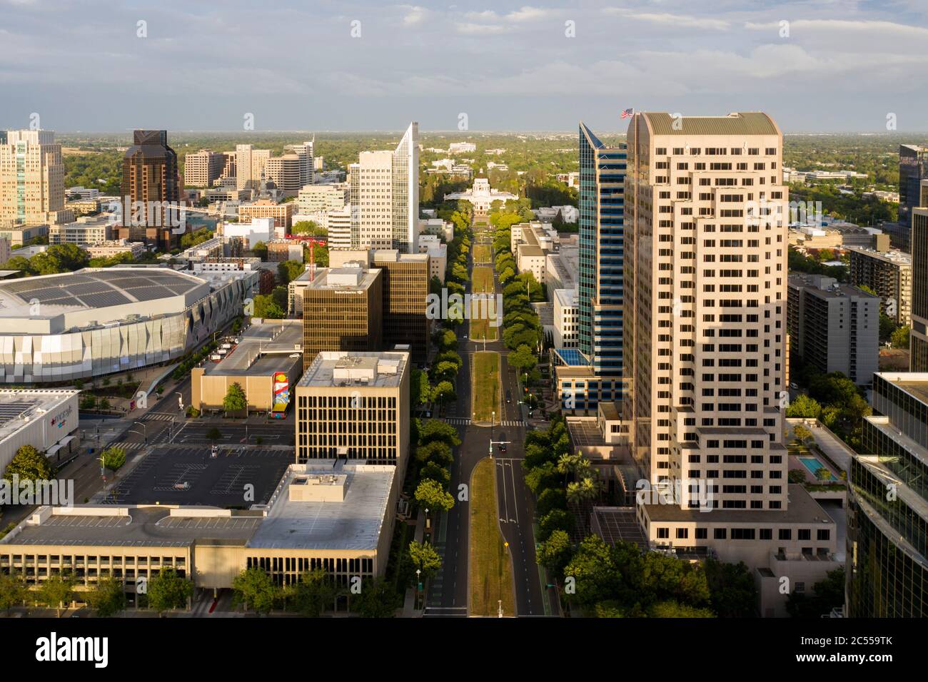 Aerial view looking down the Capitol Mall in downtown Sacramento, California Stock Photo