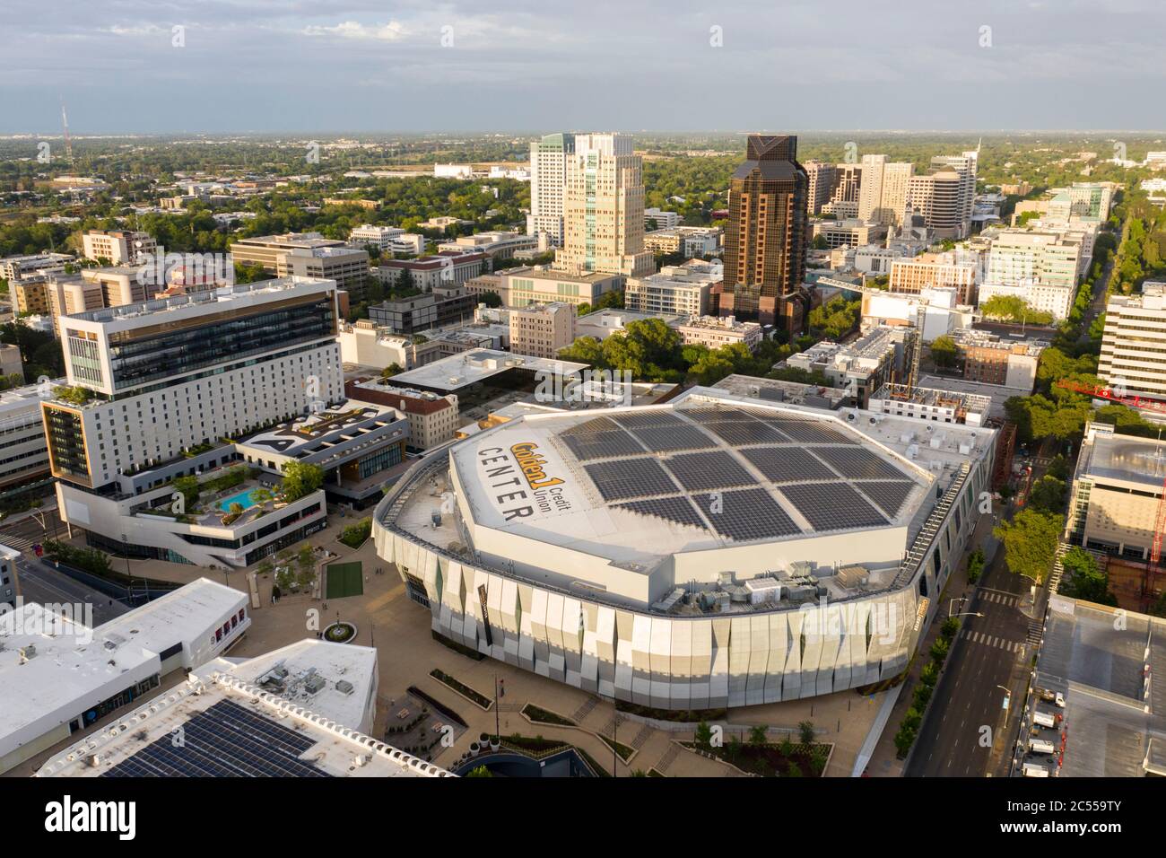 Aerial view of the Golden 1 Arena in downtown Sacramento home of the NBA Kings Stock Photo
