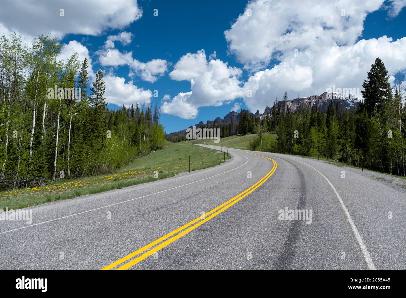 US highway 287 approaching the Togwotee Pass in northwest Wyoming Stock Photo
