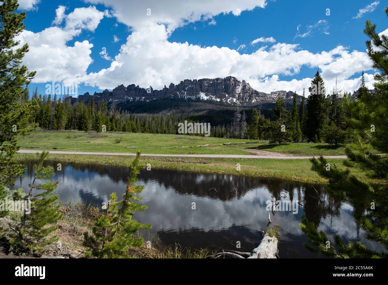 Reflection of the Pinnacle Buttes in the Togwotee Mountains of Wyoming Stock Photo