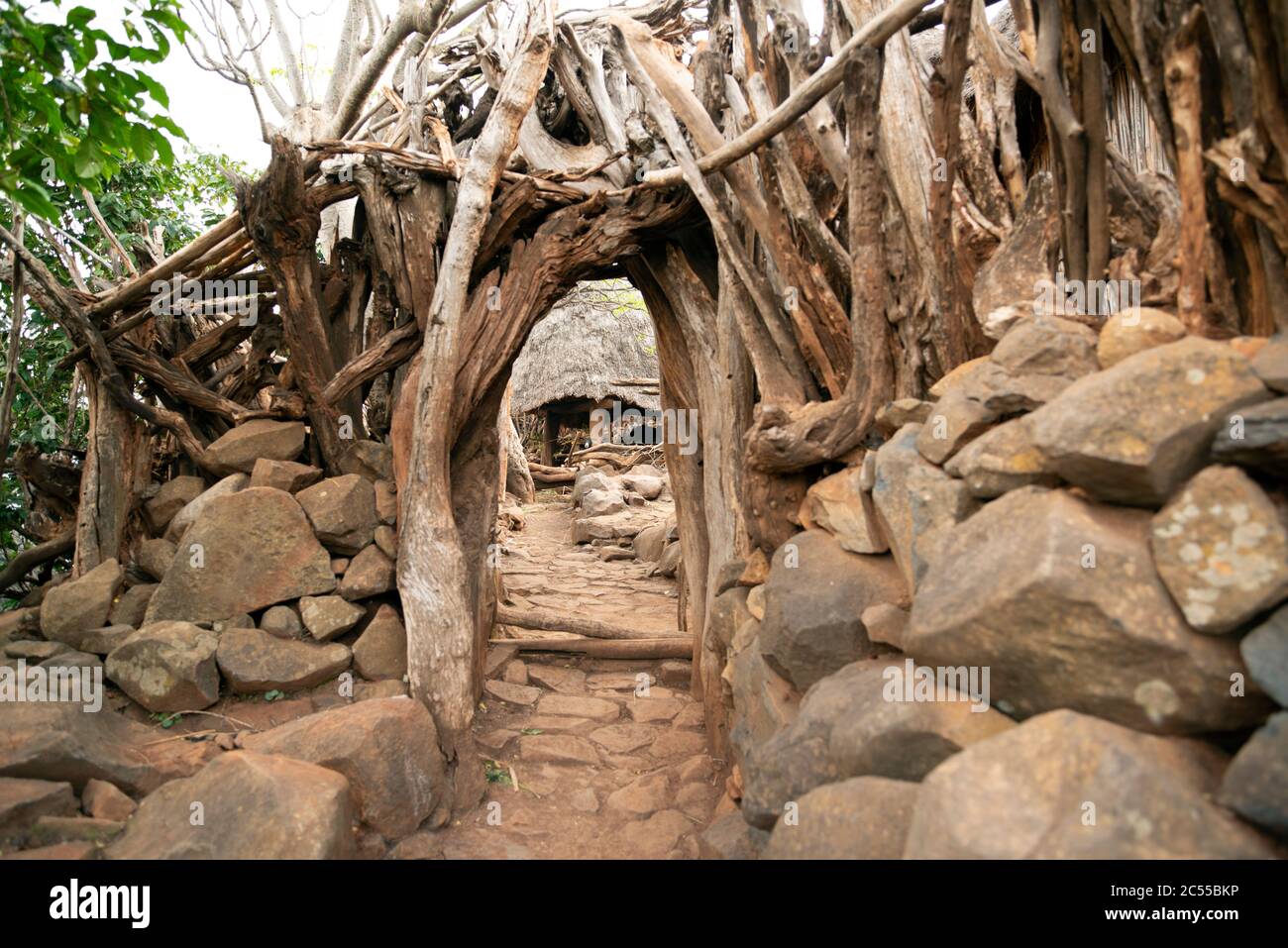 The entrance to a traditional thatched house of the Konso tribe in ...