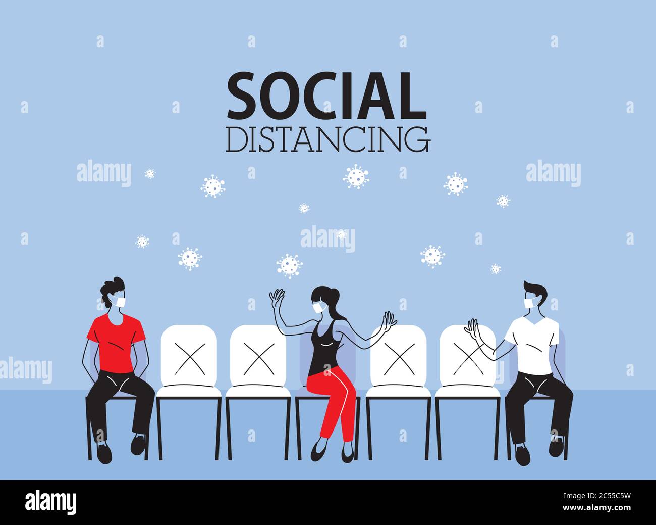 Social distancing between woman and men with masks on chairs design of ...