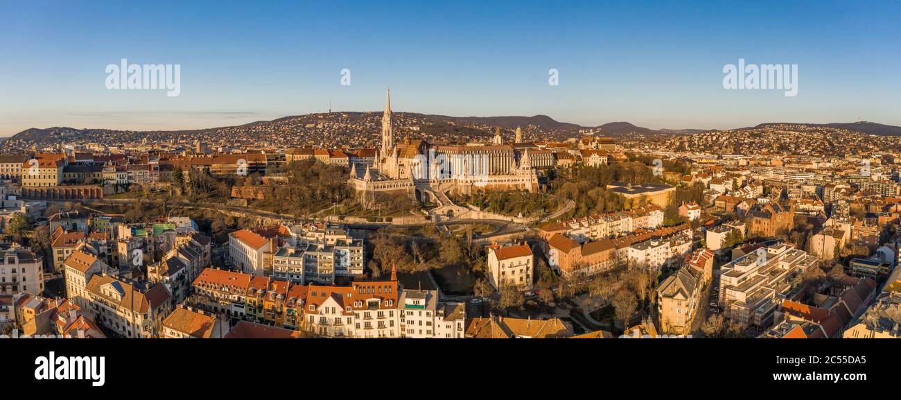 Panoramic aerial drone shot of Matthias churh on buda hill during ...