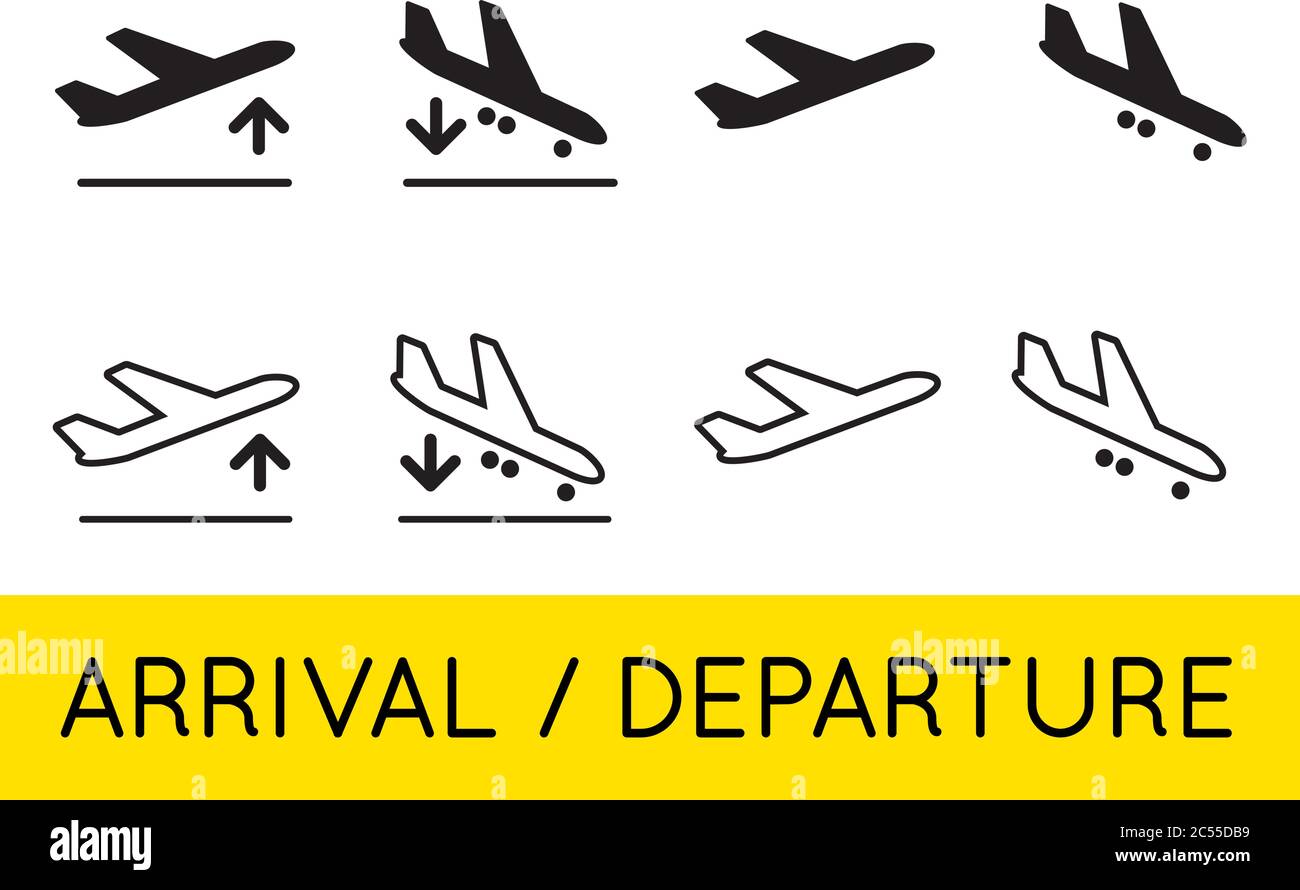 Aircraft or Airplane Icons Set Collection Vector Silhouette Arrivals Departure Stock Vector