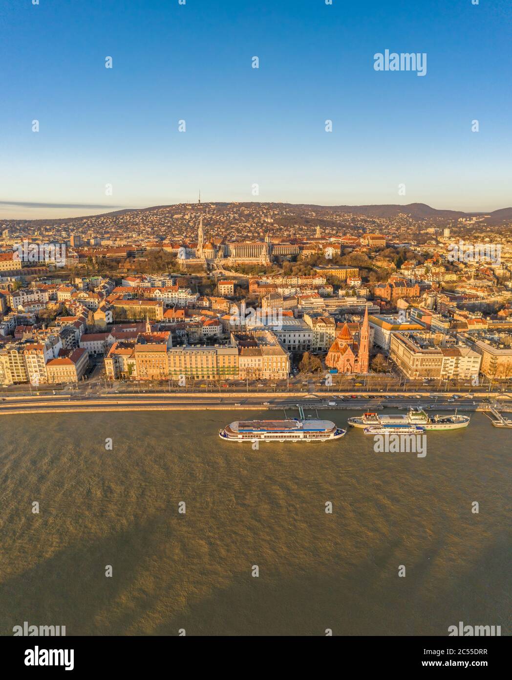 Aerial drone shot of Buda Hill quai by Danube river during Budapest ...