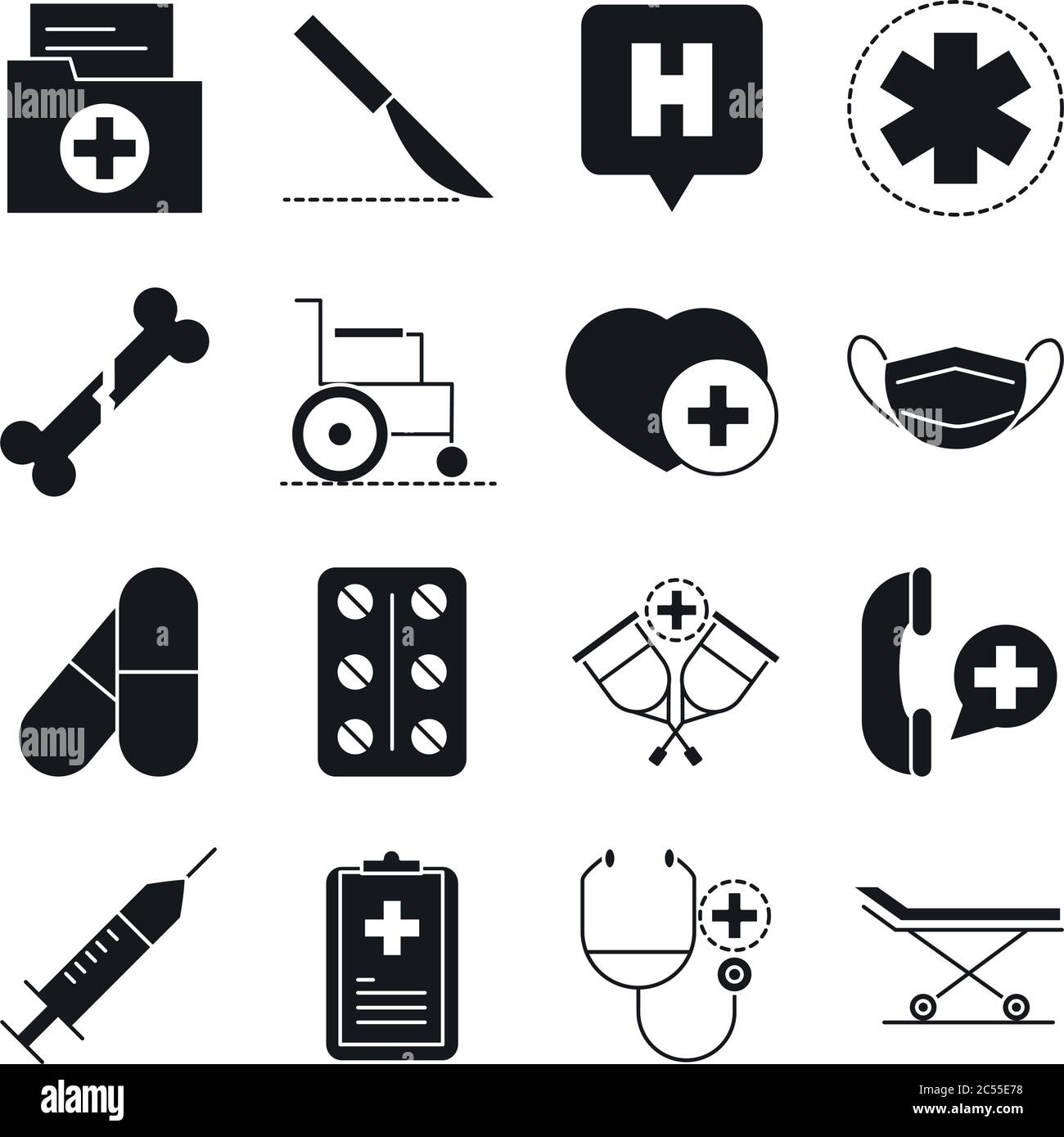 healthcare medical and hospital pictogram silhouette style icon s set vector illustration Stock Vector