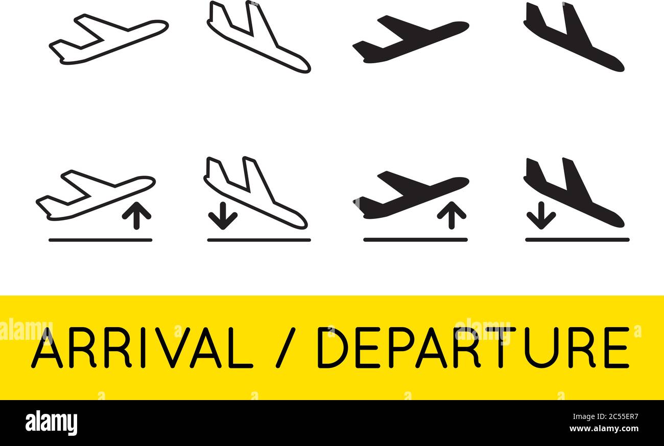 Aircraft or Airplane Icons Set Collection Vector Silhouette Arrivals Departure Stock Vector