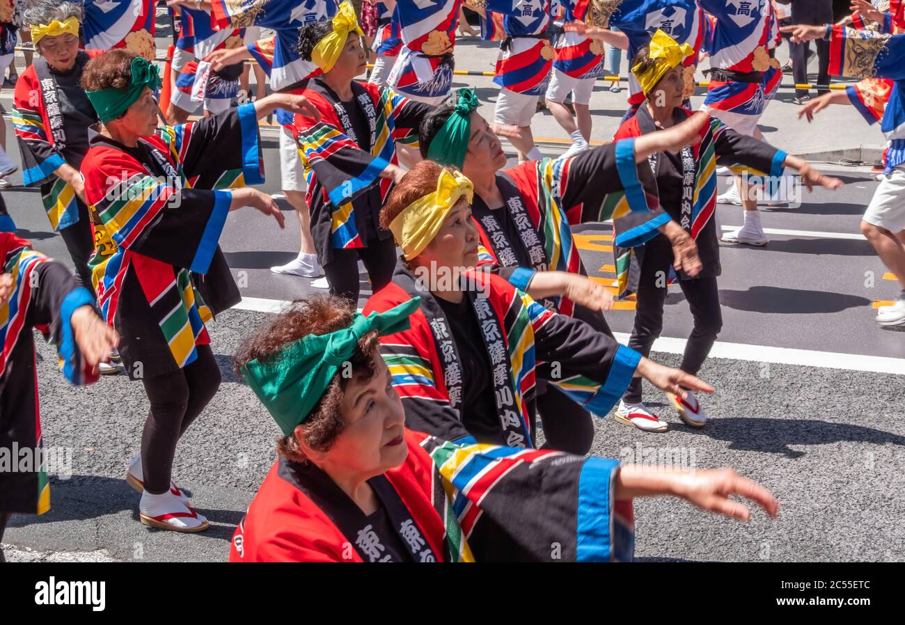 Folk dancers in colorful yukata dancing in Shibuya Kagoshima Ohara