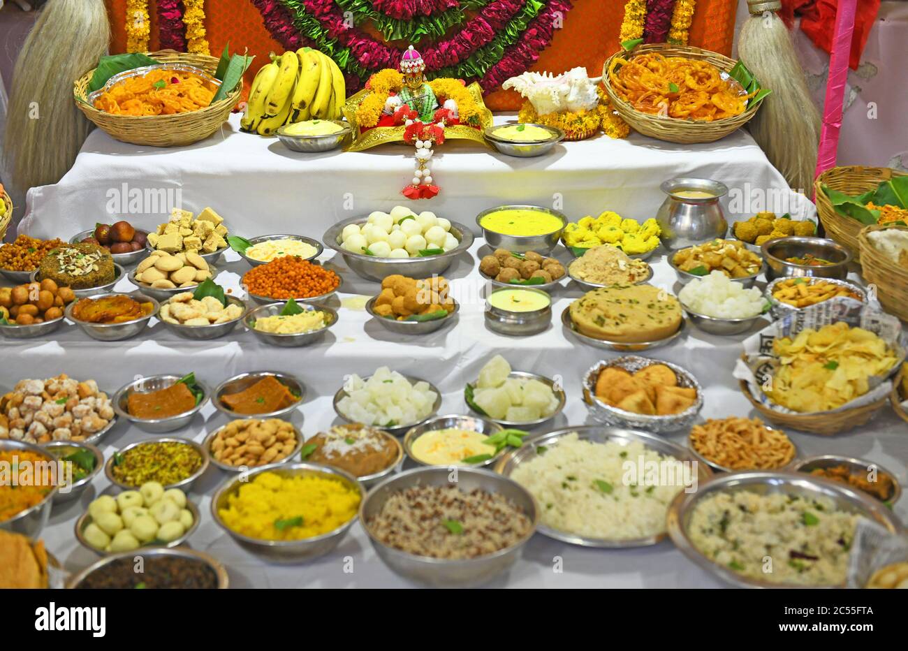 Beawar, Rajasthan, India, June 30, 2020: 'Chappan Bhog' some 56 food varieties offered in front of idol of Hindu God Krishna during the Rath Yatra festival, amid coronavirus pandemic in Beawar. Credit: Sumit Saraswat/Alamy Live News Stock Photo