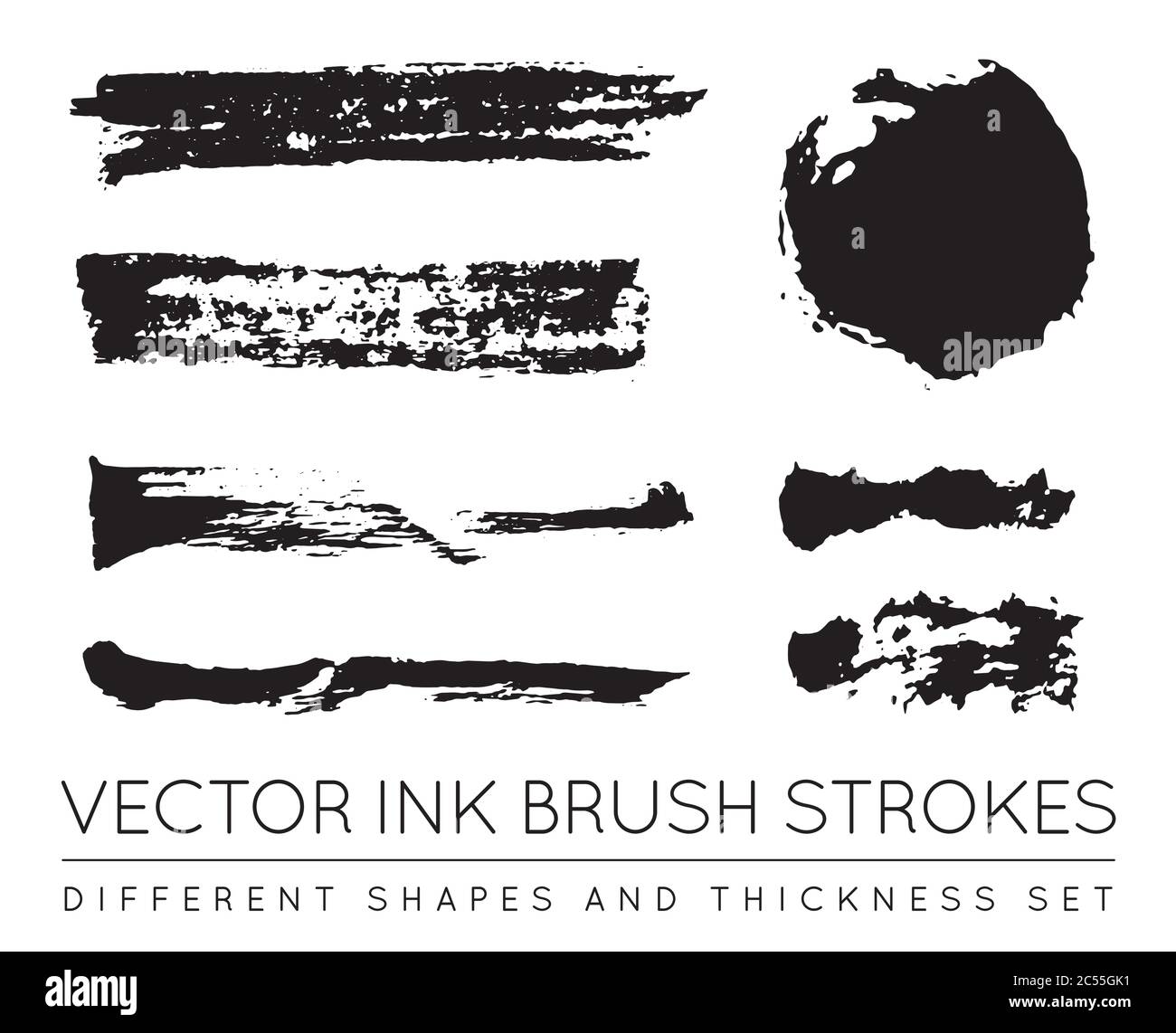 Set of Vector Black Pen Ink Brush Strokes. Grunge Ink Brush Stroke. Dirty Brush Stroke. Stock Vector