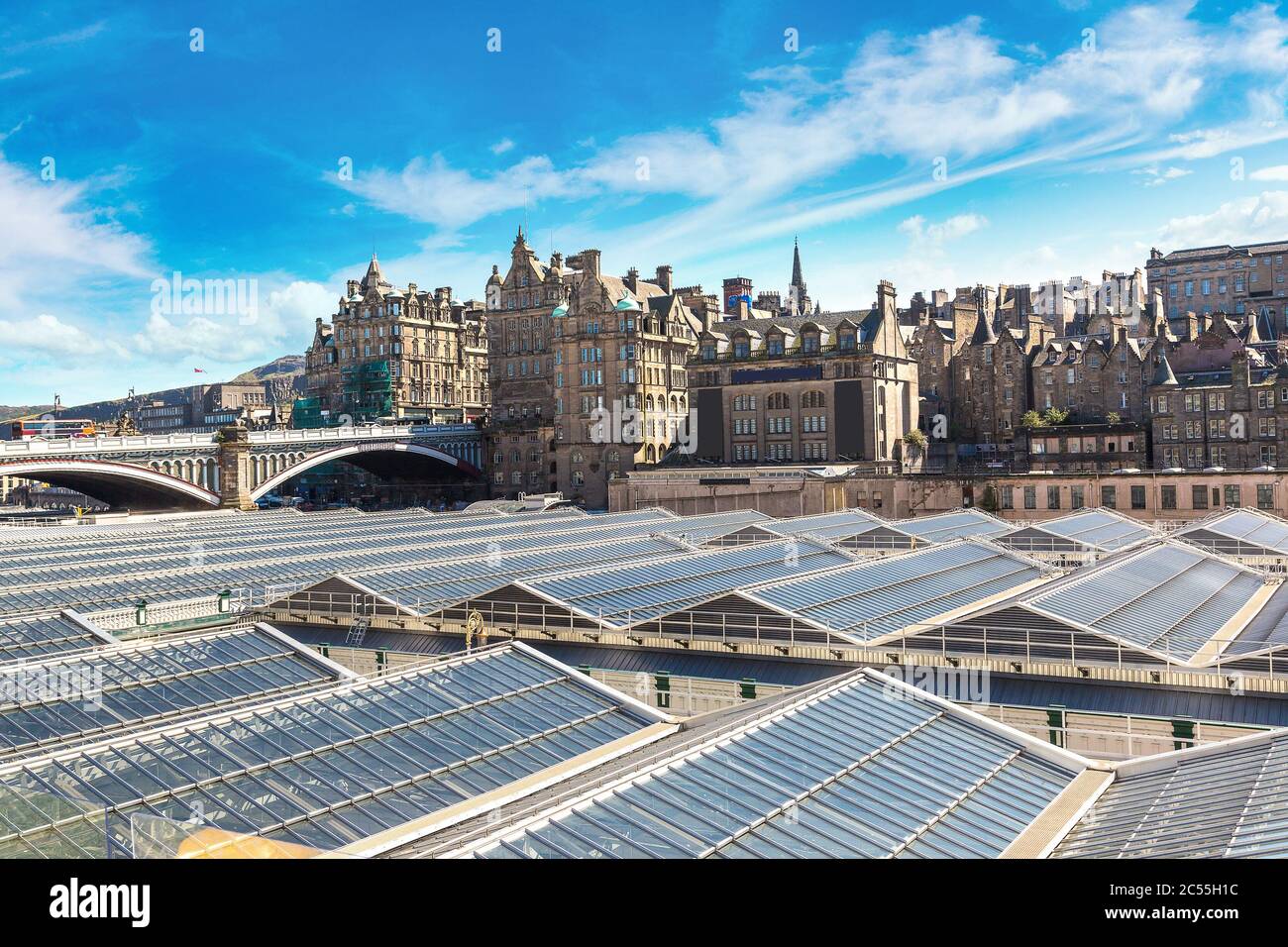 Aerial view of Waverley railway station in Edinburgh in a beautiful summer day, Scotland, United Kingdom Stock Photo