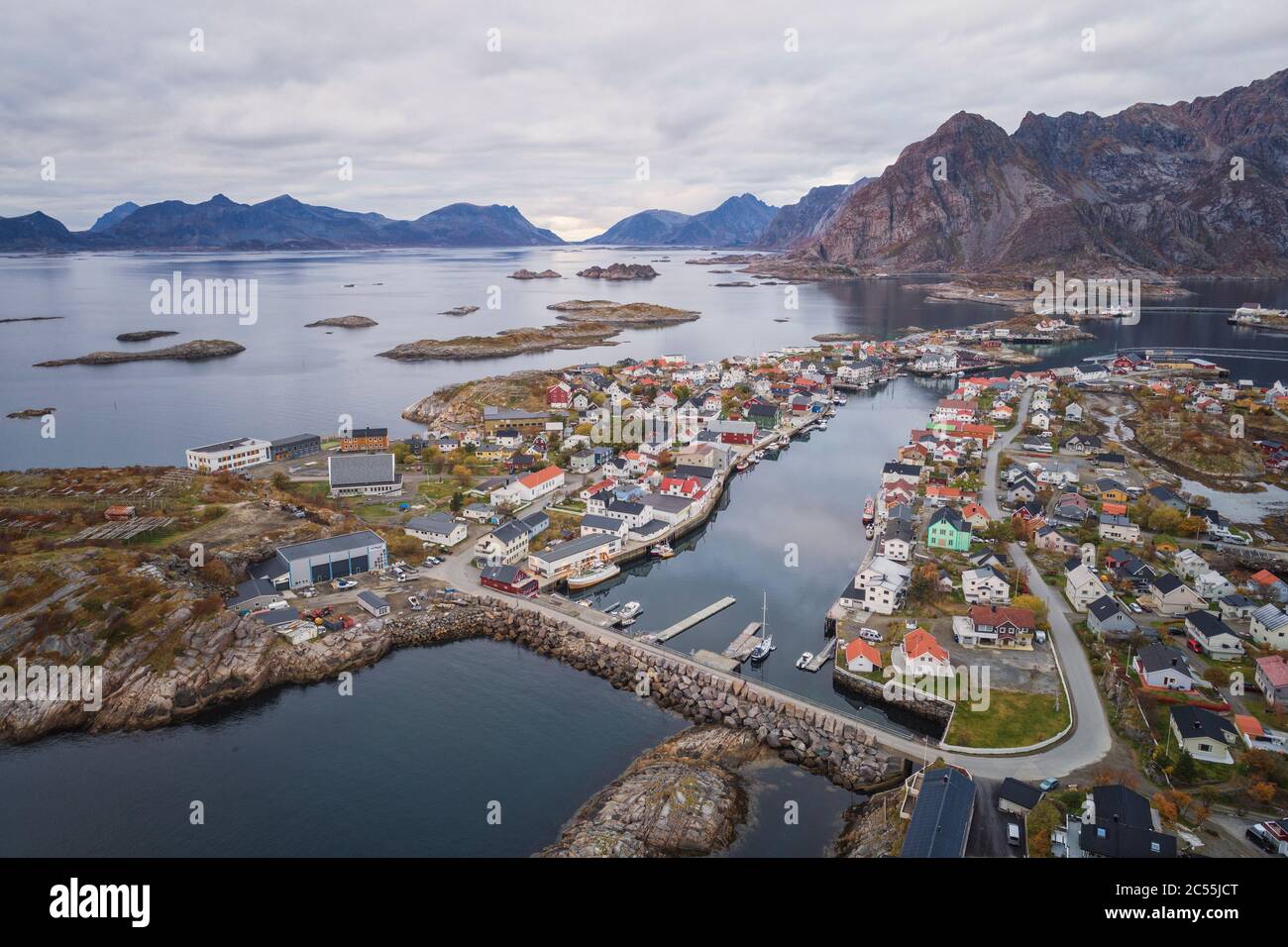 fishing village on the lofoten islands from an aerial point of view Stock Photo
