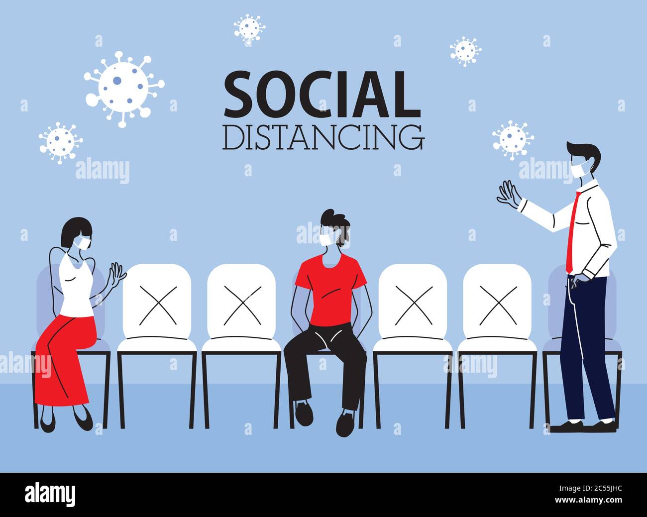 Social distancing between woman and men with masks on chairs design of ...