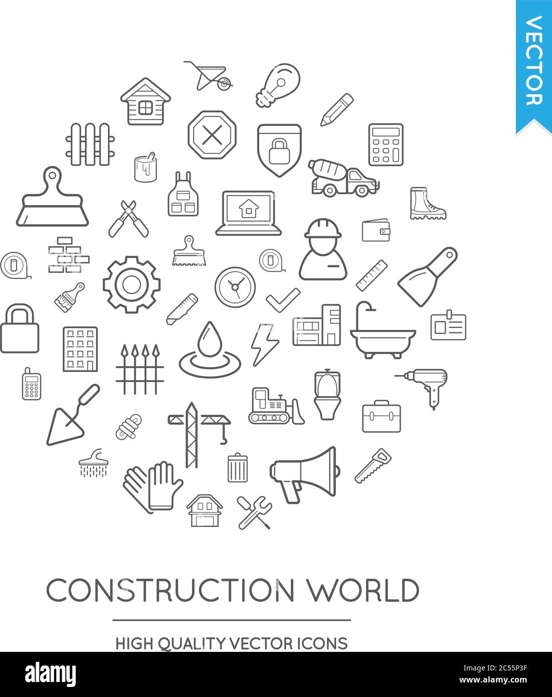 Vector Set of Construction Modern Flat Thin Icons Inscribed in Round ...