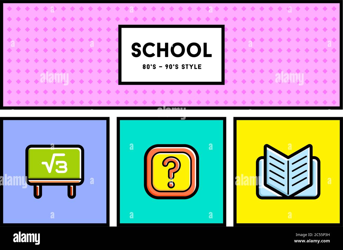 Vector 80's or 90's Stylish School Education Icon Set with Retro Colors Stock Vector
