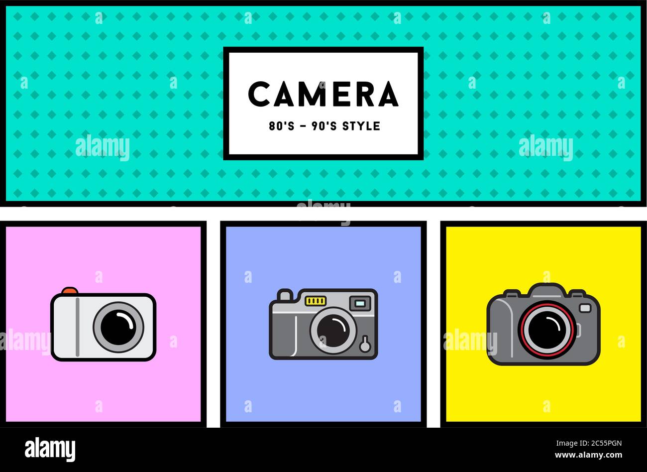 Vector 80's or 90's Stylish Photo Camera Icon Set with Retro Colors Stock Vector